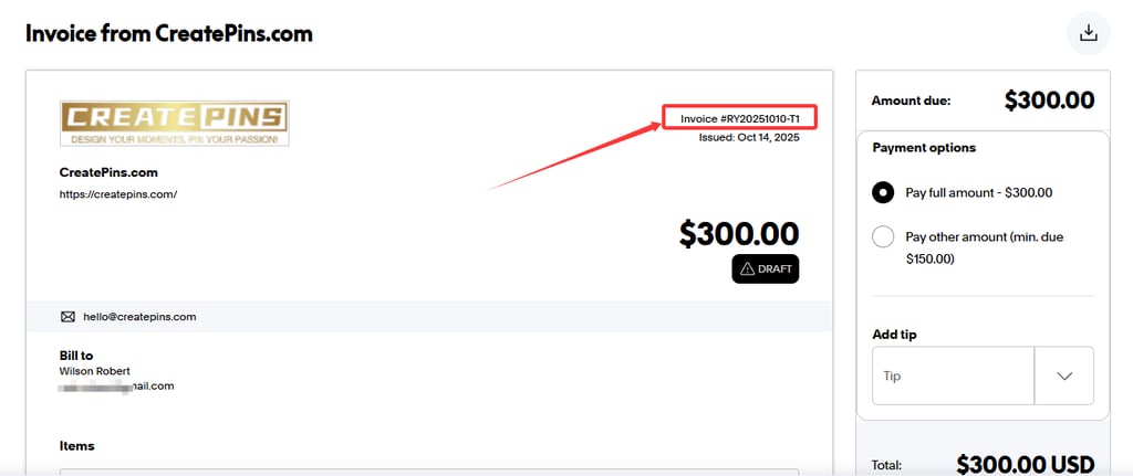 Order number in the Paypal invoice