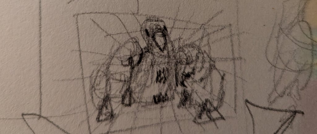 A page from an artist's sketchpad working out how a painting will be laid out as well as defining the subjects.