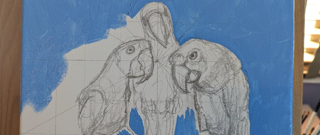 Progress photo of a sketch on canvas being painted.