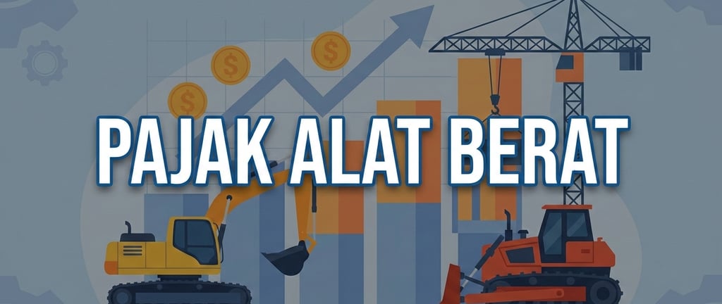 Ilustrasi pajak alat berat dengan gambar ekskavator, buldozer, dan crane di depan grafik keuangan.