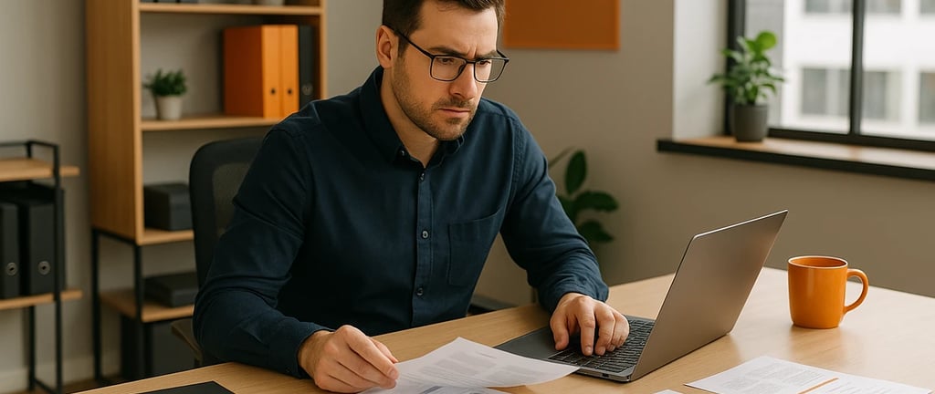 Frustrated IT Manager surrounded by supplier paperwork and devices.
