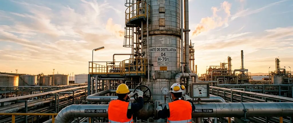 Torre de refino muestra energía integrada, petróleo caro y rentabilidad industrial