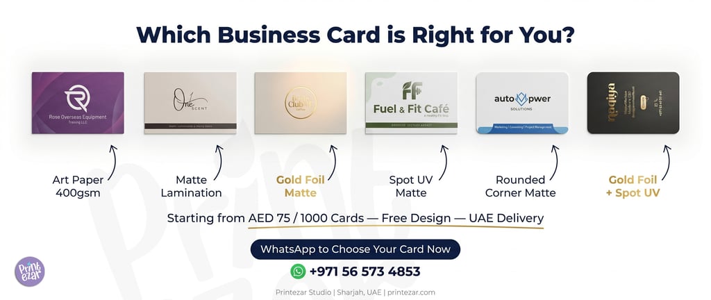 Business card printing UAE — matte laminated, gold foil, spot UV business cards by Printezar Studio 