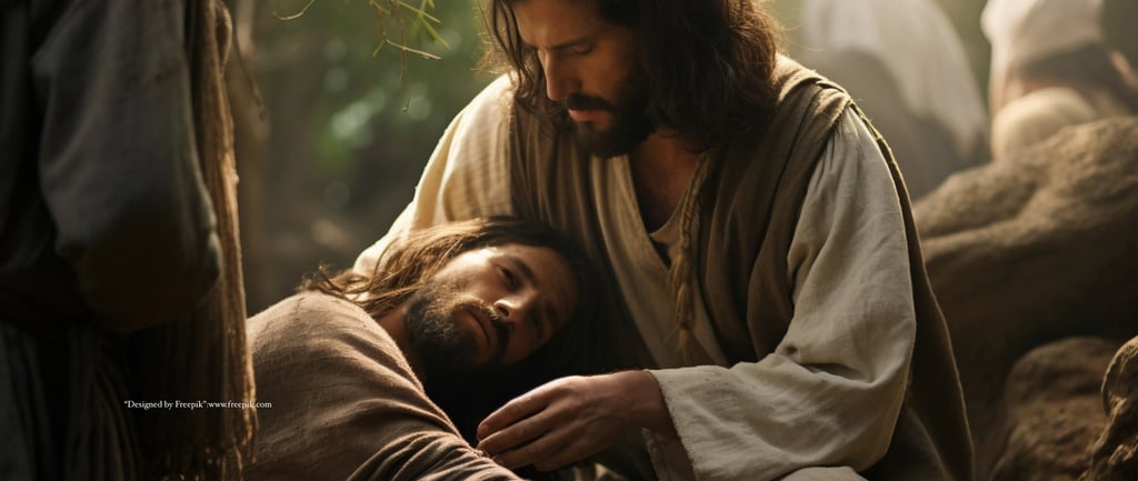 Jesus in a robe is laying on a pile of wood