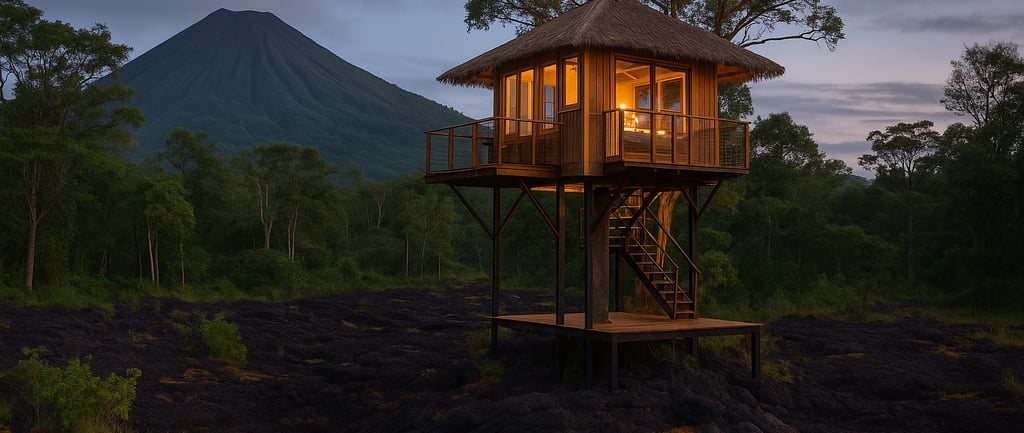 Twilight view of a treehouse built above a lava rock field near an active Hawaiian volcano, surrounded by lush rainforest and