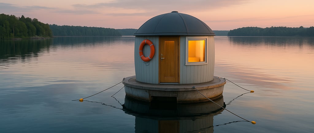 A circular floating sleep pod anchored on a calm lake in Sweden at sunrise, surrounded by mist and still water, offering a pe