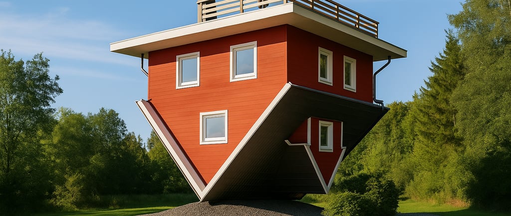 Upside-Down House in Trassenheide, Germany, with the roof on the ground and windows and furniture appearing inverted, surroun