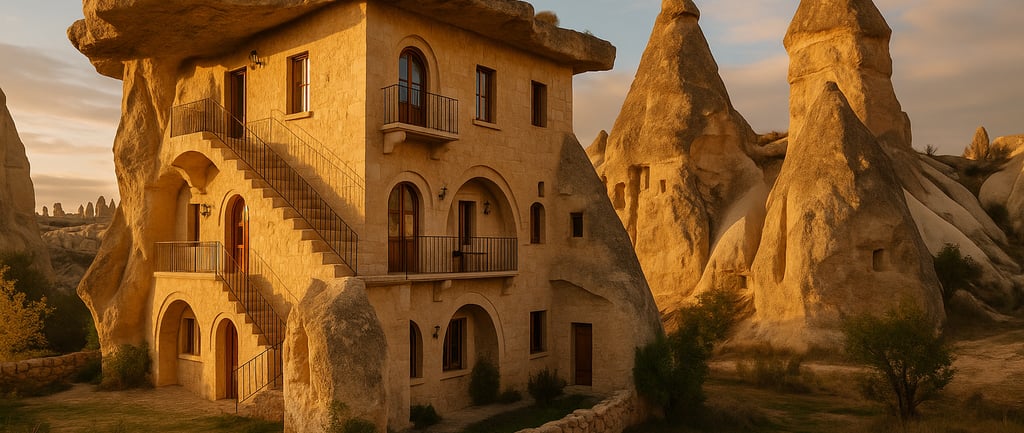  image of a cave hotel built into the rock formations of Cappadocia, Turkey, with stone-carved architecture, desert terrain, 