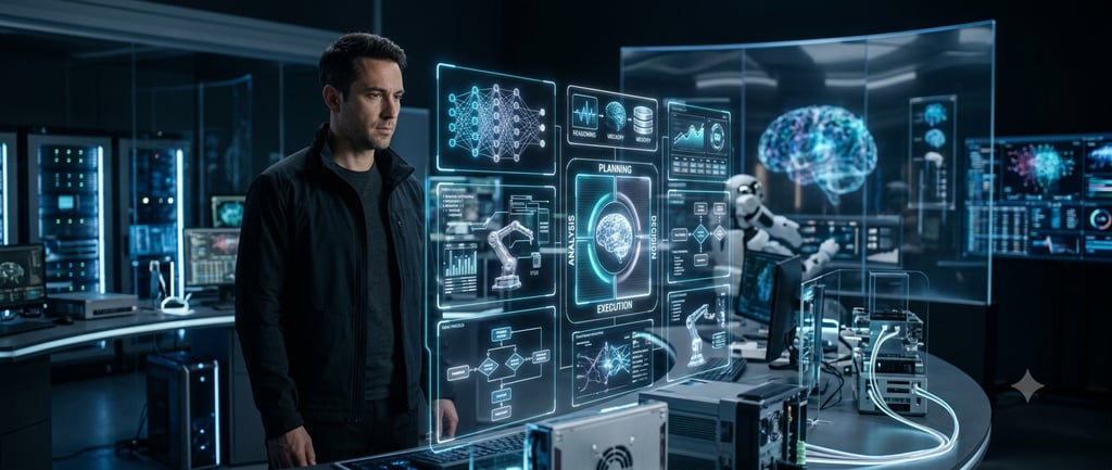 Engineer analyzing AI neural networks and robotic automation on a holographic digital interface.