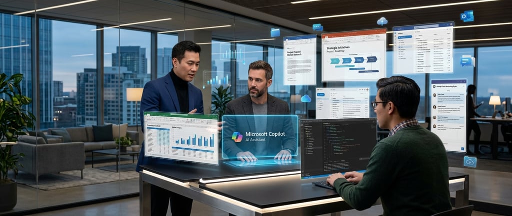 Business professionals using Microsoft Copilot AI assistant for data analysis and strategic planning in a modern office.