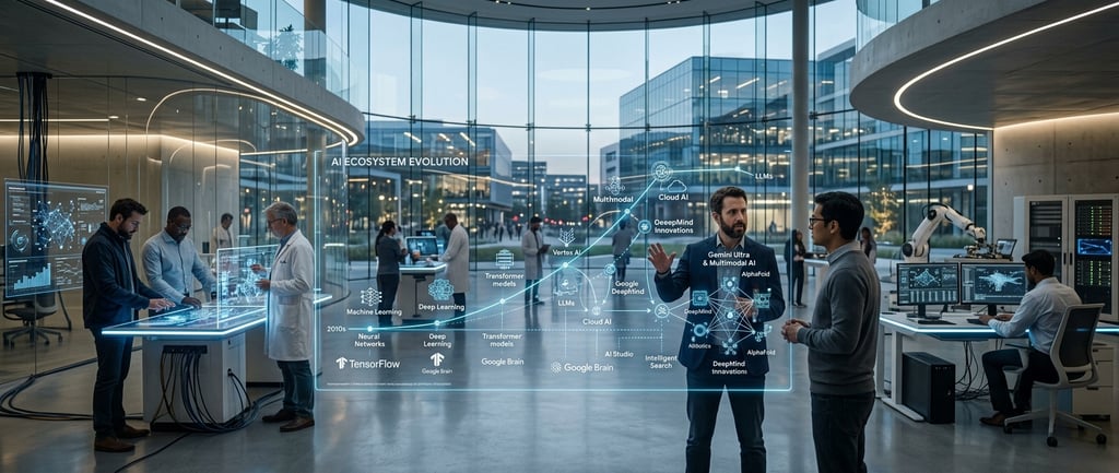 Engineers in a modern tech lab analyzing a futuristic digital hologram of the AI ecosystem evolution.