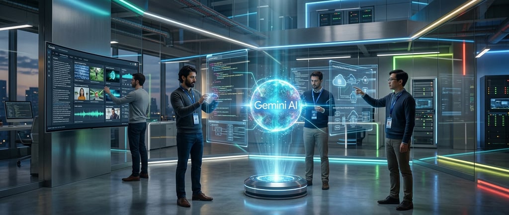 Tech professionals interacting with a Gemini AI holographic interface in a modern server data center.