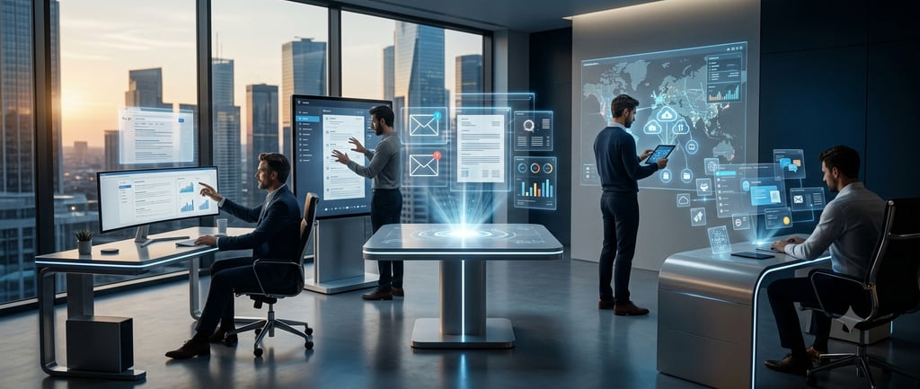 Business team using futuristic digital interfaces and holographic data displays in a modern high-rise office.