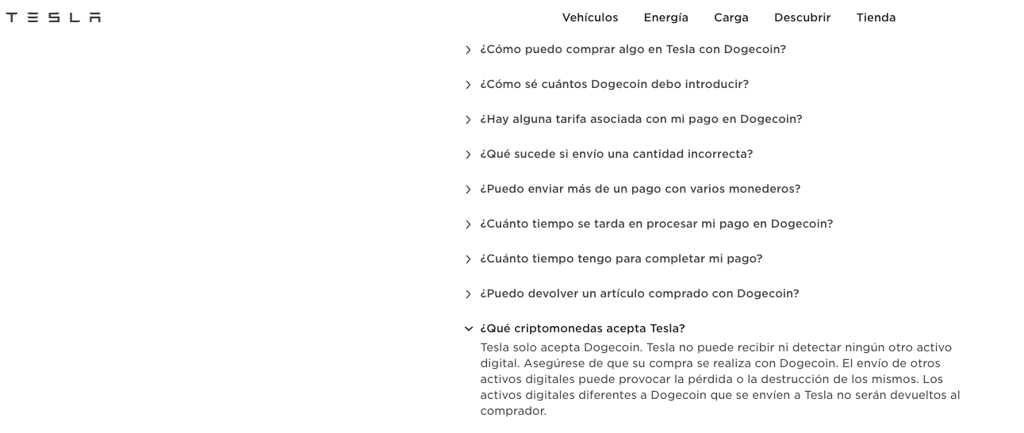 Website de Tesla sobre Dogecoin