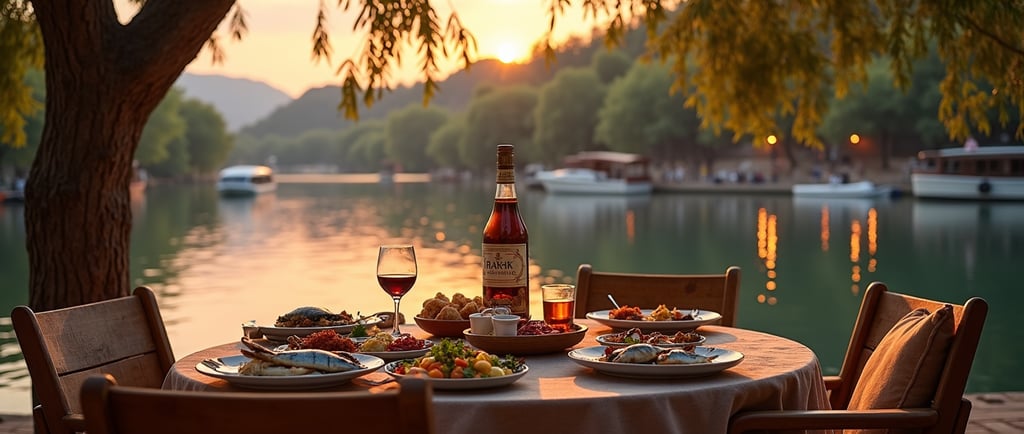 a table with a wine glass and a bottle of wine near Dalyan channel