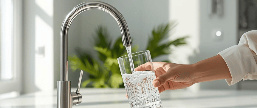 A sleek RKIN reverse osmosis water filter system on a modern kitchen counter pouring clean, non-toxi