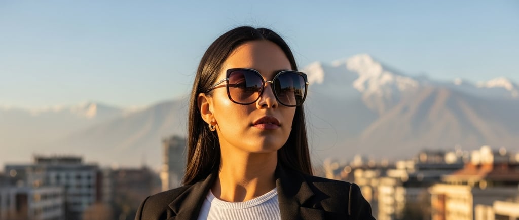 Mujer profesional chilena con lentes oversize elegantes en Santiago con Cordillera de los Andes 