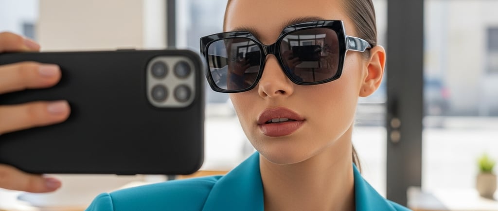 Influencer contemporánea tomando selfie con lentes oversize minimalistas modernos.