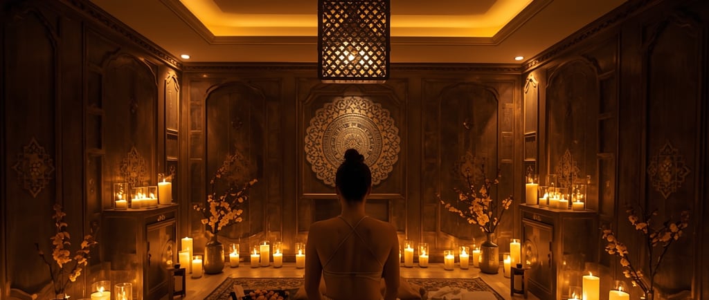 a woman sitting on a rug in a room with candles