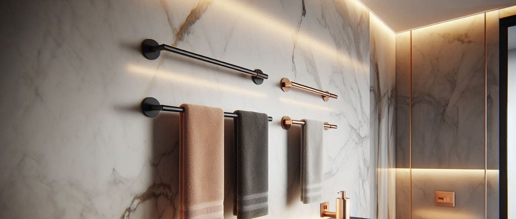 a bathroom with a marbled wall adorned by heated towel rails in a range of finishes