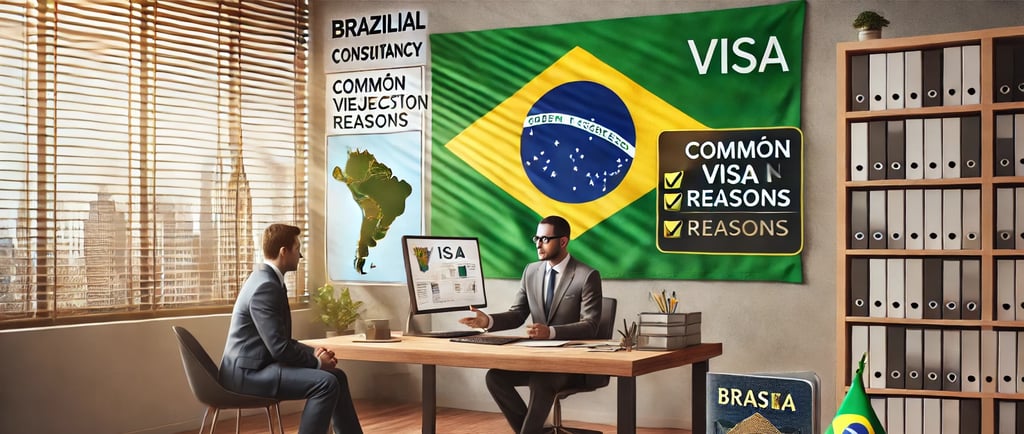 Consultor explicando motivos de recusa de vistos em escritório da AmericaJá, com bandeira do Brasil e mapa de Cuiabá ao fundo