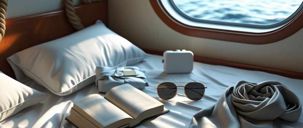 Objetos pessoais esquecidos em uma cabine de cruzeiro após o desembarque..