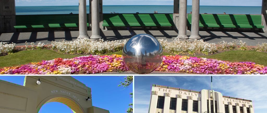 Arco colorido de Napier e jardins floridos ao longo da Marine Parade, com vista para o mar.