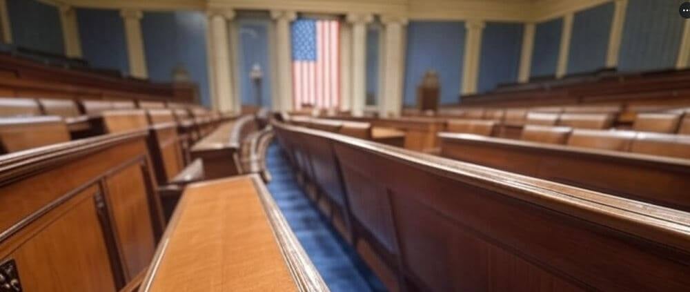 a row of wooden benches in a courtroom