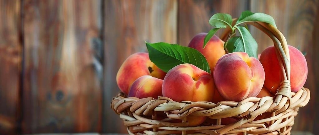 a basket of peaches and two peaches on a wooden table