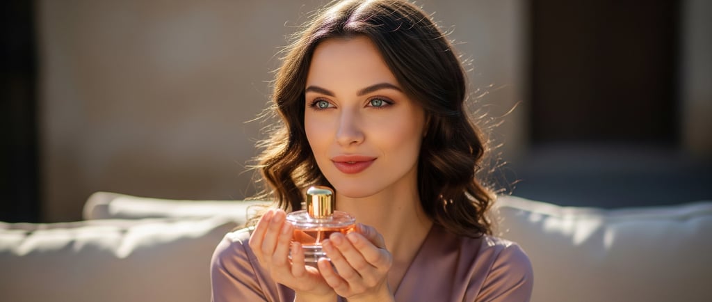 Woman holding perfume bottle with serene expression in soft natural light