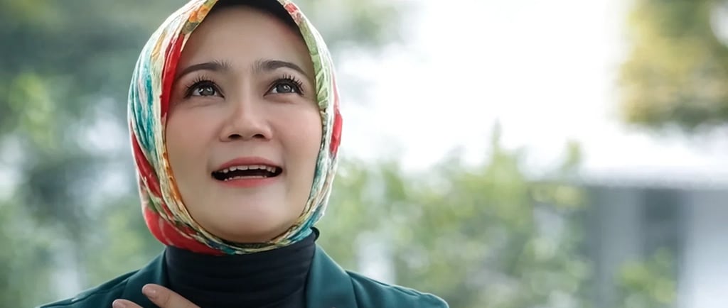 a woman in a green shirt and a red scarf