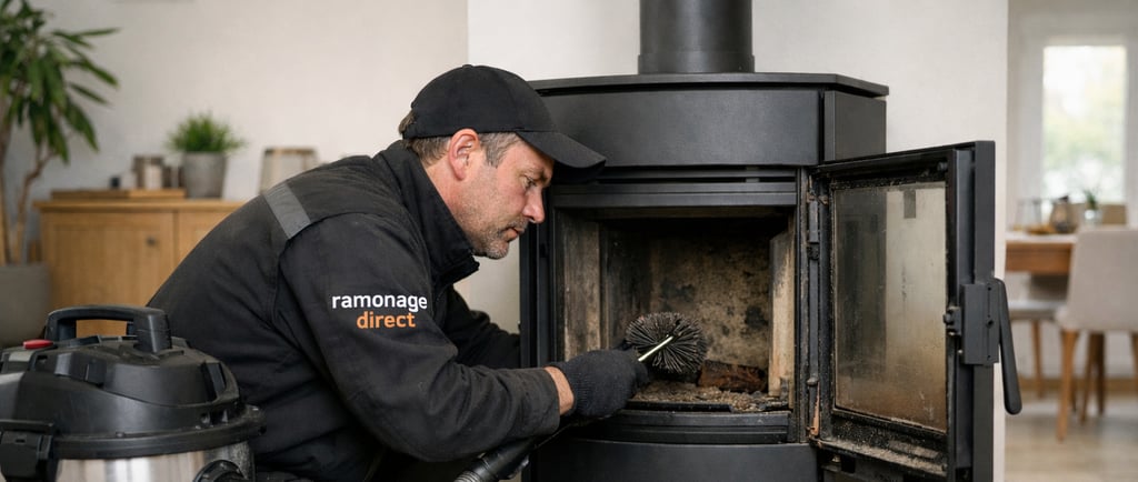Ramoneur à Nantes réalisant le ramonage d’une cheminée à bois dans une maison individuelle