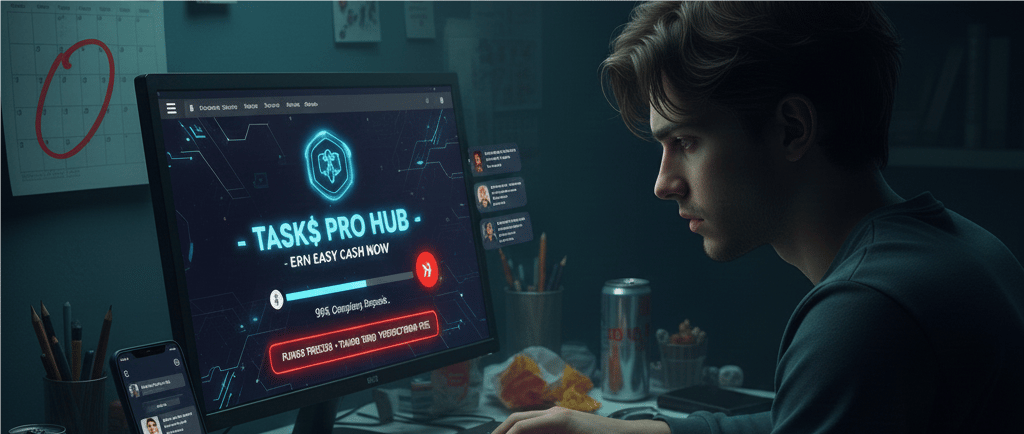 An image of a young man completing Fake SCAM TASKS