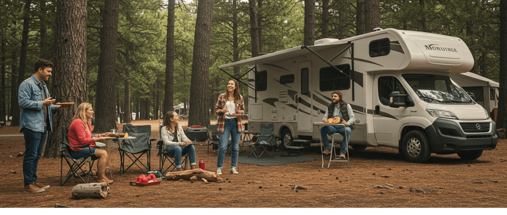 a group of people sitting around a campervan