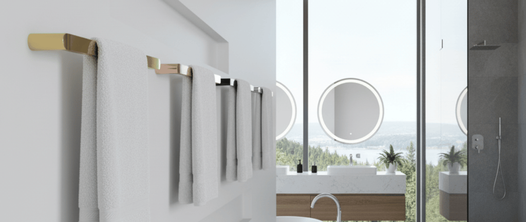 stylish heated towel bars in a range of beautiful finishes shown neatly in a modern luxury bathroom
