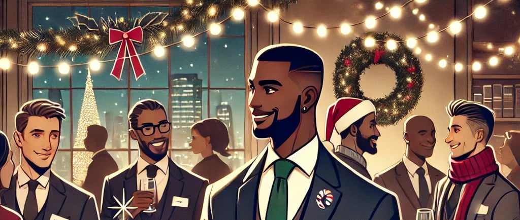 a man in a suit and tie is standing in front of a christmas tree