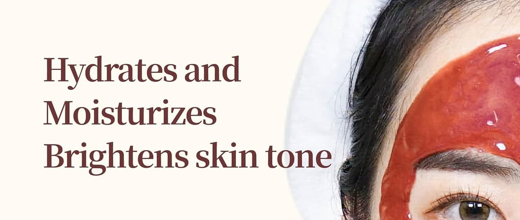 A woman wears a red facial mask with a text overlay: "Hydrates and Moisturizes, Brightens skin tone.