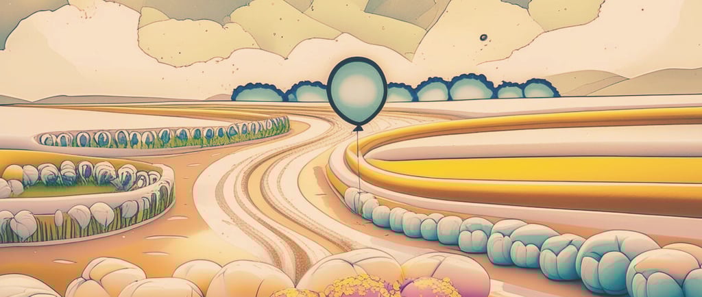 A balloon floating down a winding path