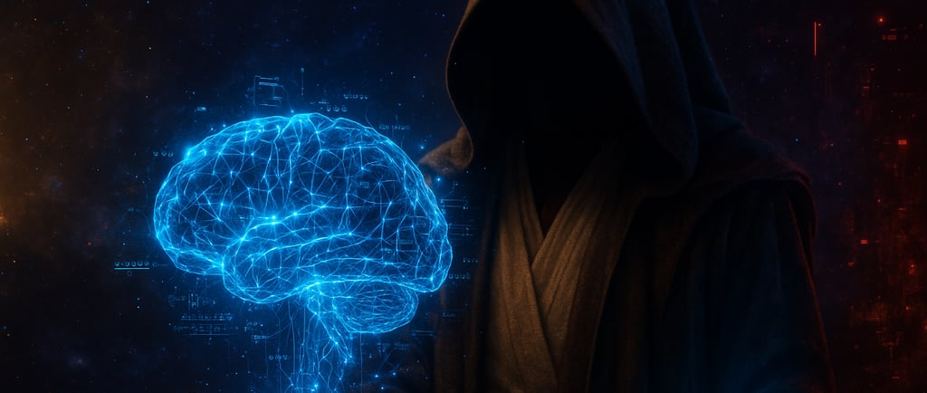 Cerebro holográfico con redes neuronales flotando sobre mano de Jedi .