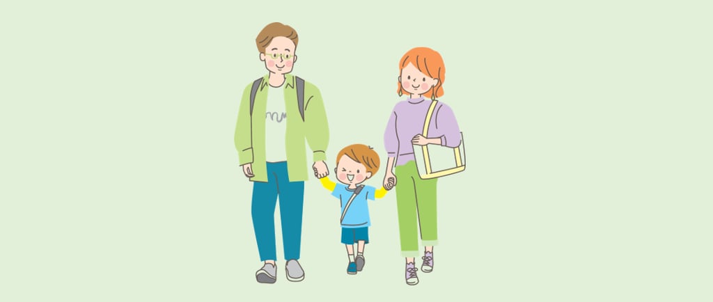 Happy family playing and learning two languages.