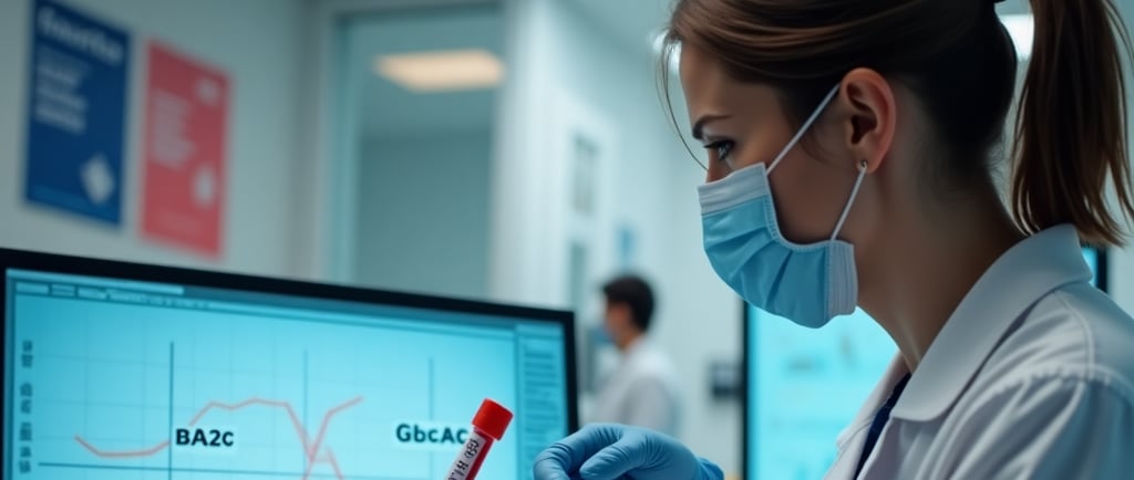 Biomédica enfrente ao monitor com tubos de ensaio