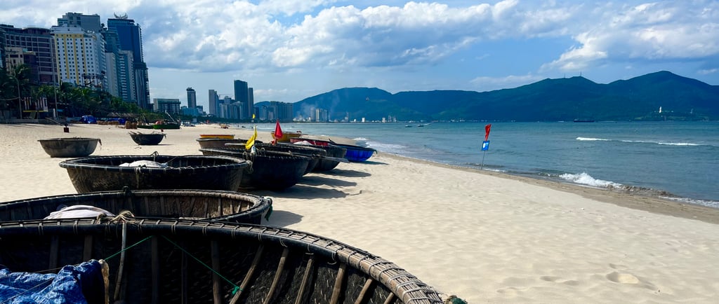 Traditional basket boats on My Khe Beach, Da Nang, Vietnam