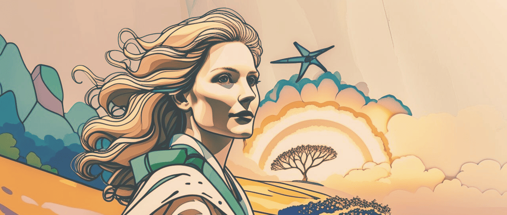 a woman standing in a stylised landscape with sunshine