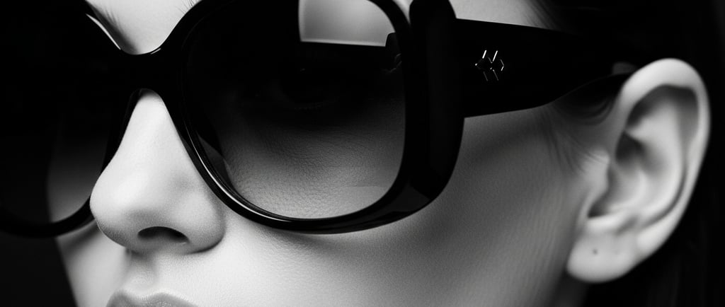 Primer plano dramático de mujer con lentes oversize negros cubriendo gran parte del rostro.