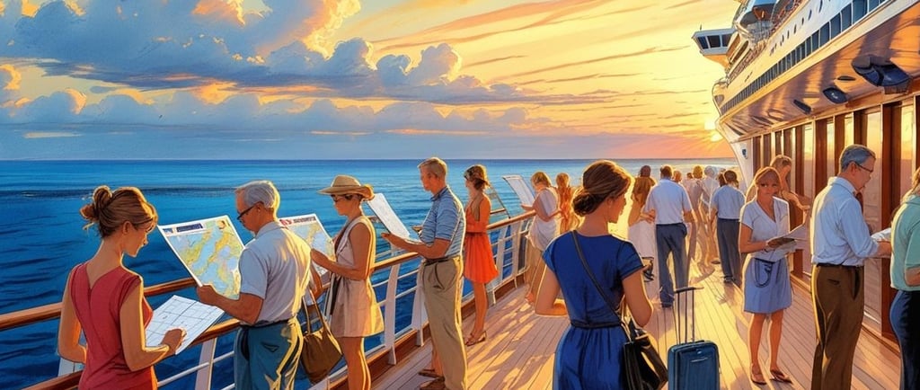 Dia de navegação a bordo: passageiro escolhendo excursões de cruzeiro no deck