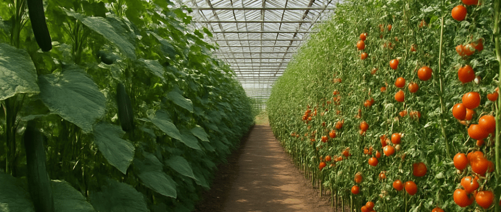 großes Gewächshaus mit Tomaten und gurken