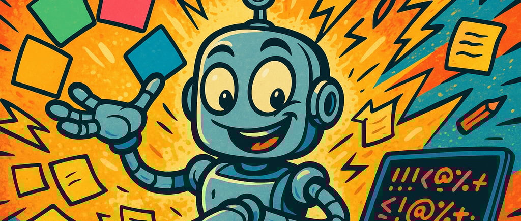 cartoon image of a robot with a laptop throwing flashcards into the air