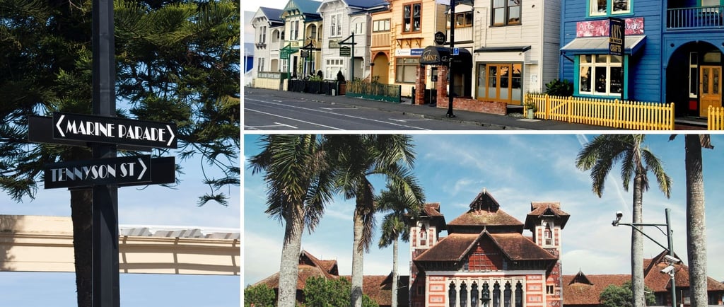 Colagem de fotos dos arredores de Napier mostrando ruas charmosas, bairros históricos e arquitetura Art Déco.