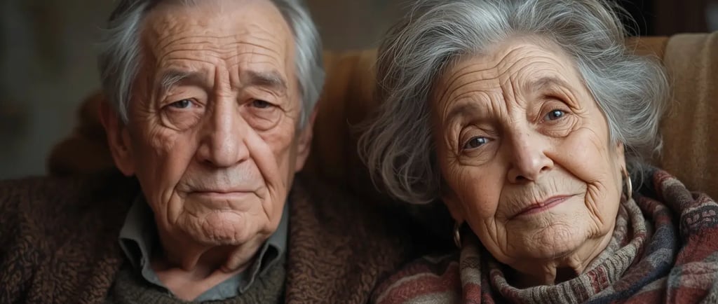 Älterer Mann und ältere Frau sitzen nebeneinander in ruhiger Atmosphäre und zeigen stille Nähe und Unterstützung