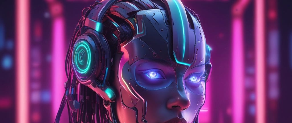 a woman in a futuristic suit with headphones and headphones